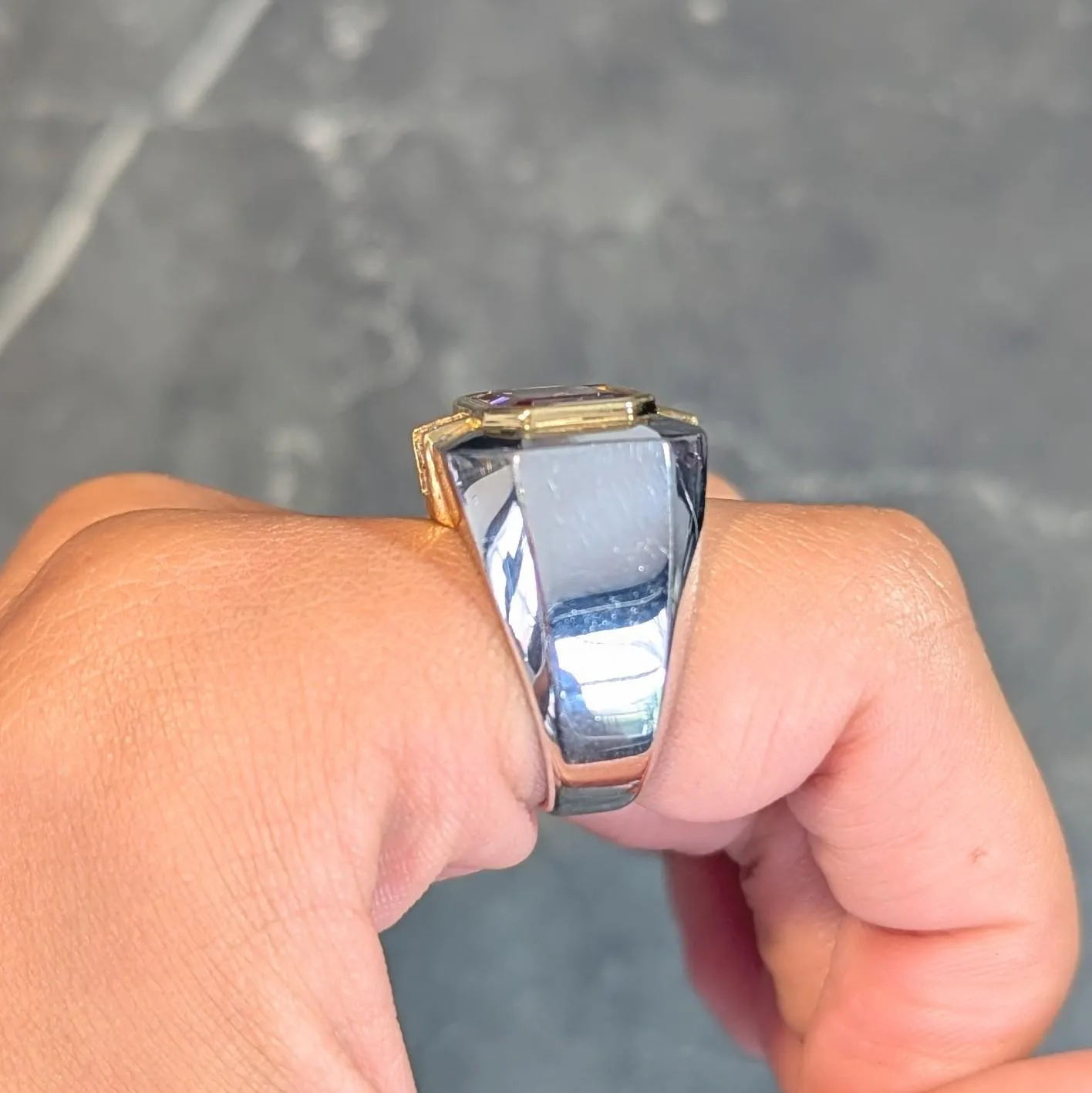 1980's 5.31 CTW Tourmaline Diamond 18 Karat Two-Tone Gold Vintage Unisex Statement Ring