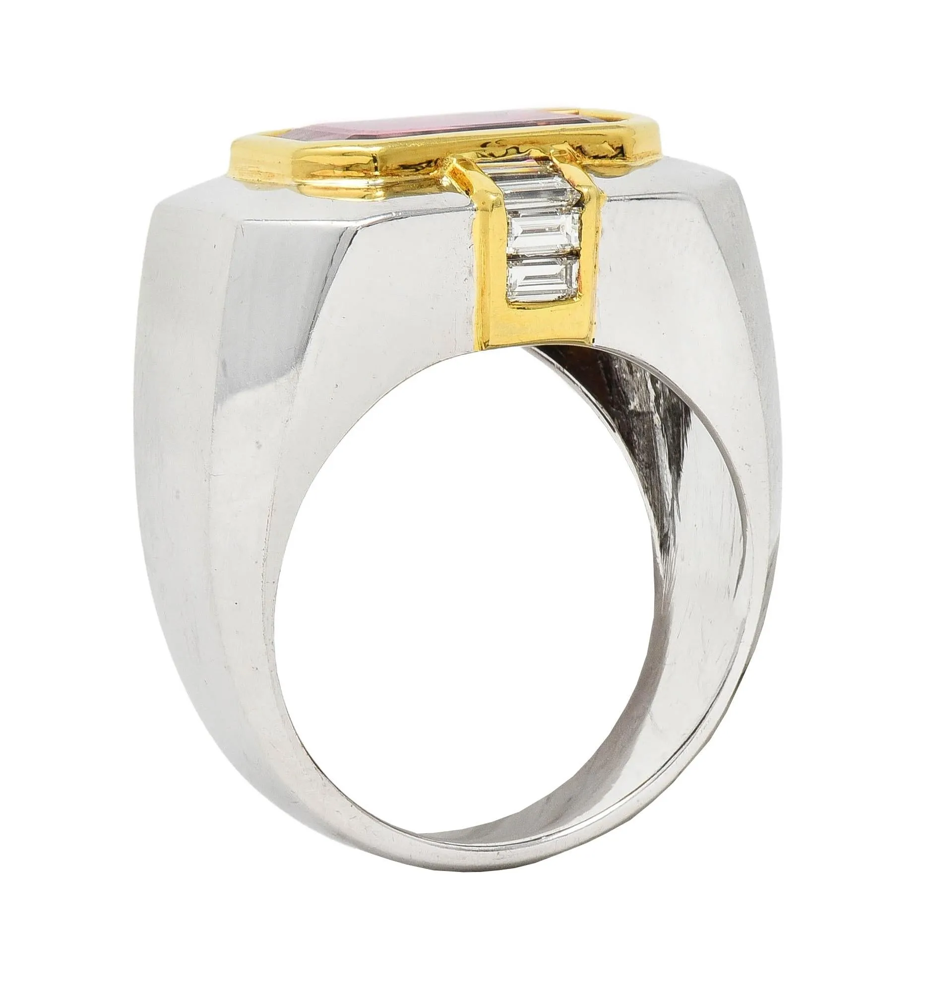 1980's 5.31 CTW Tourmaline Diamond 18 Karat Two-Tone Gold Vintage Unisex Statement Ring