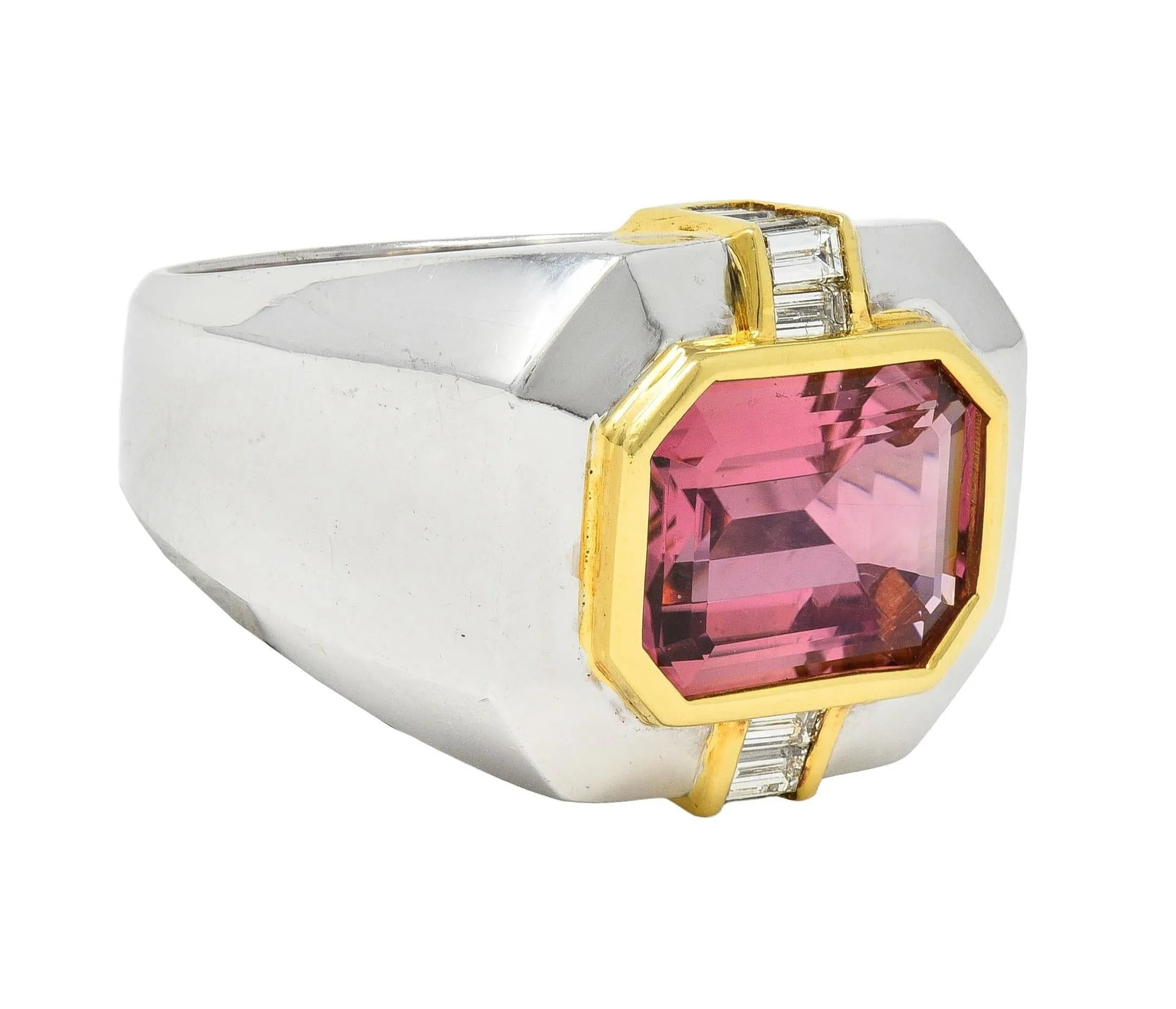1980's 5.31 CTW Tourmaline Diamond 18 Karat Two-Tone Gold Vintage Unisex Statement Ring