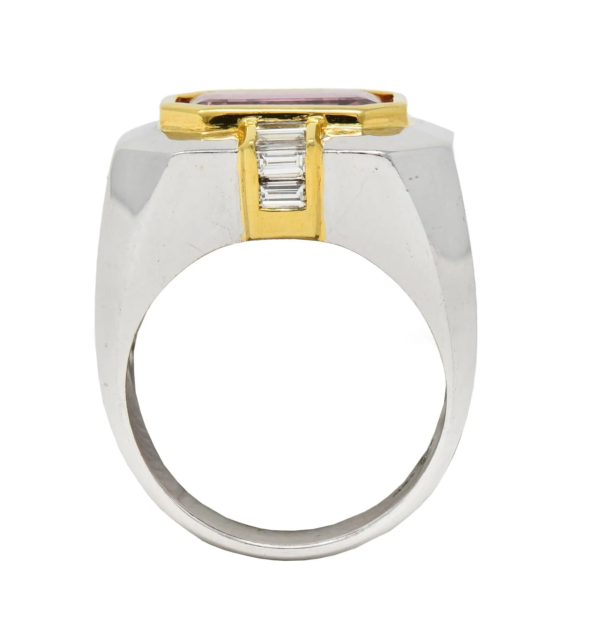 1980's 5.31 CTW Tourmaline Diamond 18 Karat Two-Tone Gold Vintage Unisex Statement Ring
