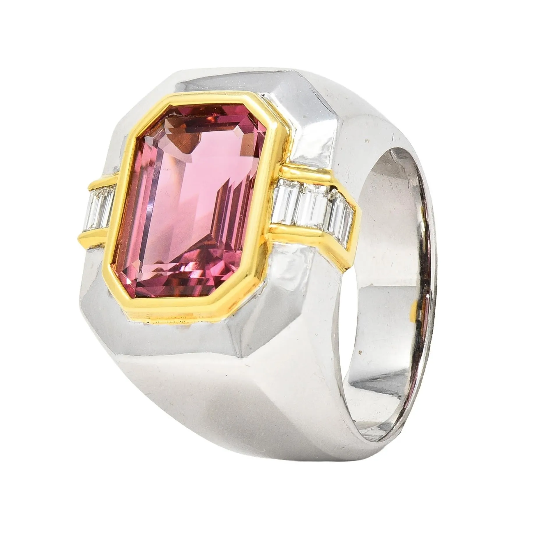 1980's 5.31 CTW Tourmaline Diamond 18 Karat Two-Tone Gold Vintage Unisex Statement Ring