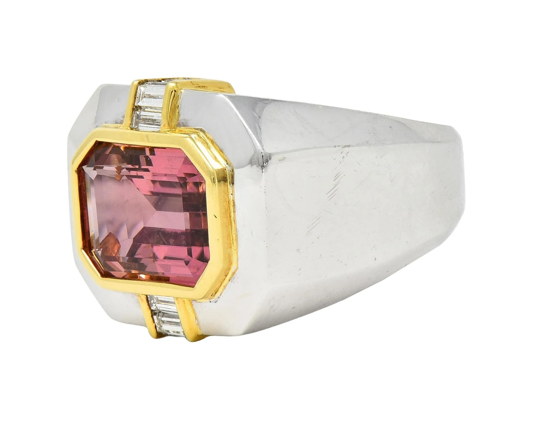1980's 5.31 CTW Tourmaline Diamond 18 Karat Two-Tone Gold Vintage Unisex Statement Ring