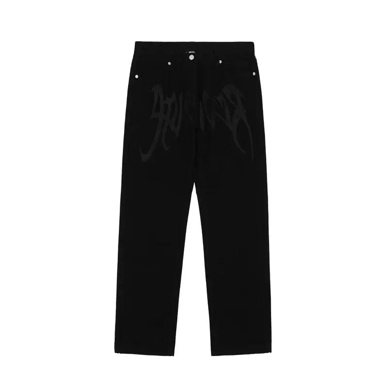 Advbridge  -  Y2K Korean Style Black Vintage Printing Jeans Men's Fashion Streetwear Embroidered Baggy Jeans  Street Casual Women Pants