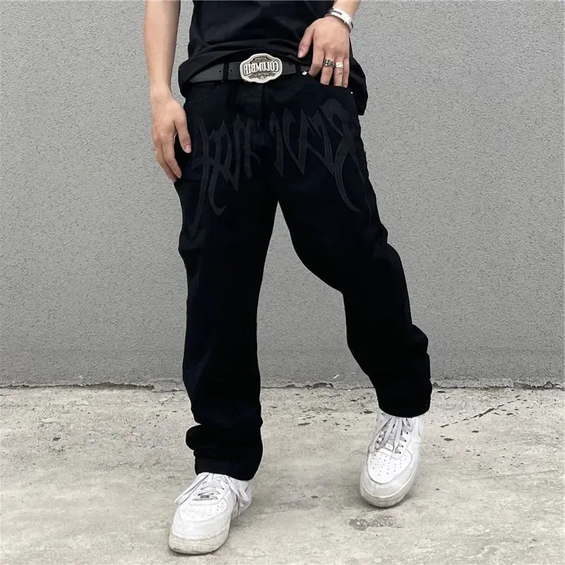 Advbridge  -  Y2K Korean Style Black Vintage Printing Jeans Men's Fashion Streetwear Embroidered Baggy Jeans  Street Casual Women Pants