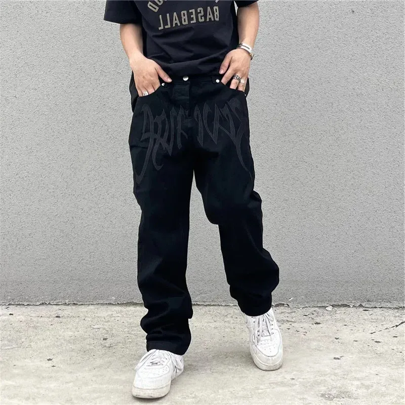 Advbridge  -  Y2K Korean Style Black Vintage Printing Jeans Men's Fashion Streetwear Embroidered Baggy Jeans  Street Casual Women Pants