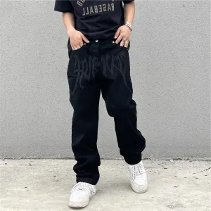 Advbridge  -  Y2K Korean Style Black Vintage Printing Jeans Men's Fashion Streetwear Embroidered Baggy Jeans  Street Casual Women Pants