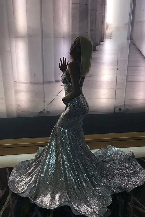 Alluring Spaghetti straps Glittering Sequins Sleeveless Mermaid Open Back Evening Dresses