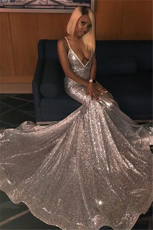 Alluring Spaghetti straps Glittering Sequins Sleeveless Mermaid Open Back Evening Dresses