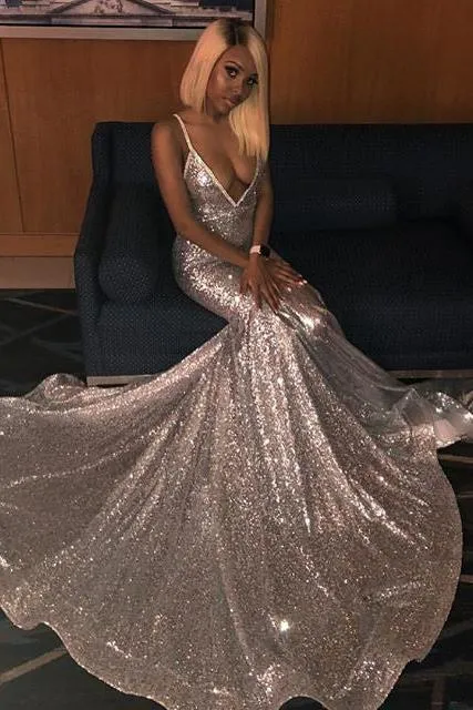 Alluring Spaghetti straps Glittering Sequins Sleeveless Mermaid Open Back Evening Dresses