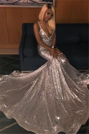 Alluring Spaghetti straps Glittering Sequins Sleeveless Mermaid Open Back Evening Dresses