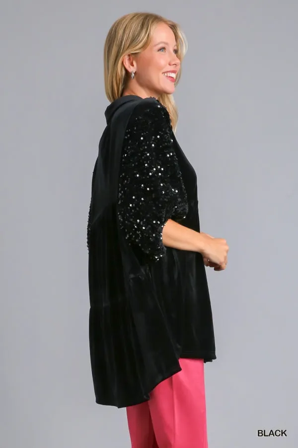 Alyssa Velvet Tunic Top with Sequined Sleeves in Black
