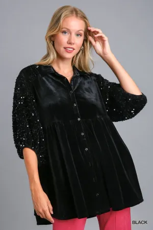 Alyssa Velvet Tunic Top with Sequined Sleeves in Black