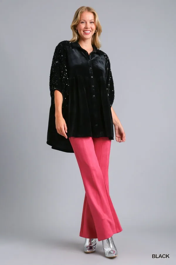 Alyssa Velvet Tunic Top with Sequined Sleeves in Black