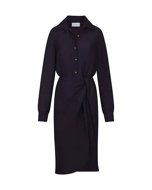 ANEMOS | L.A. Button Down Asymmetric Wrap Midi Dress | Black Linen Blend
