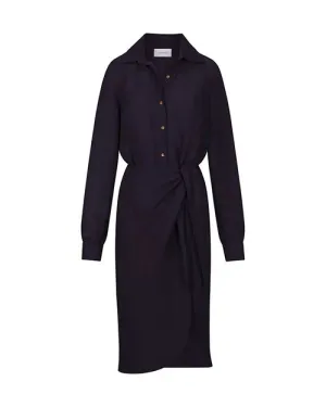 ANEMOS | L.A. Button Down Asymmetric Wrap Midi Dress | Black Linen Blend