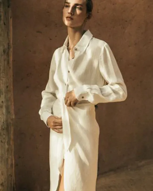 ANEMOS | L.A. Button Down Asymmetric Wrap Midi Dress | White Linen Blend