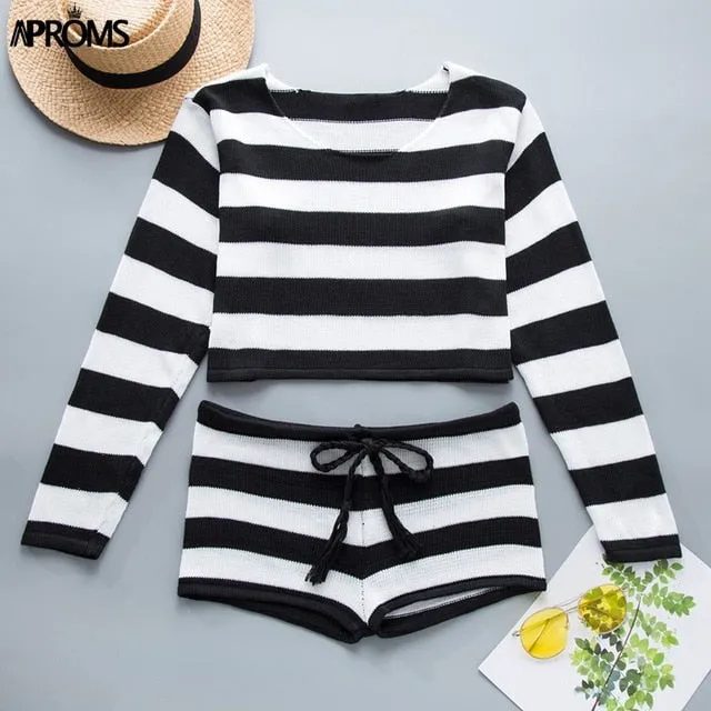 Aproms Summer Striped Cotton Knitted Beach Crop Top and Shorts Women 2 Pieces Set Casual High Waist Shorts Ladies Bikini Outfits