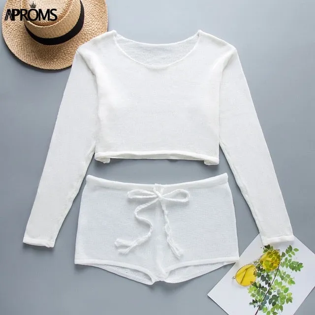 Aproms Summer Striped Cotton Knitted Beach Crop Top and Shorts Women 2 Pieces Set Casual High Waist Shorts Ladies Bikini Outfits