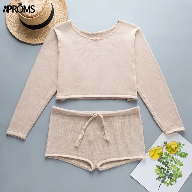 Aproms Summer Striped Cotton Knitted Beach Crop Top and Shorts Women 2 Pieces Set Casual High Waist Shorts Ladies Bikini Outfits
