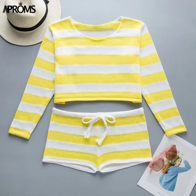 Aproms Summer Striped Cotton Knitted Beach Crop Top and Shorts Women 2 Pieces Set Casual High Waist Shorts Ladies Bikini Outfits