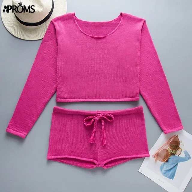 Aproms Summer Striped Cotton Knitted Beach Crop Top and Shorts Women 2 Pieces Set Casual High Waist Shorts Ladies Bikini Outfits