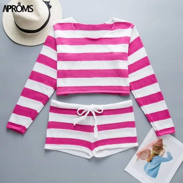 Aproms Summer Striped Cotton Knitted Beach Crop Top and Shorts Women 2 Pieces Set Casual High Waist Shorts Ladies Bikini Outfits
