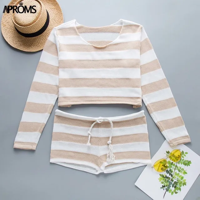 Aproms Summer Striped Cotton Knitted Beach Crop Top and Shorts Women 2 Pieces Set Casual High Waist Shorts Ladies Bikini Outfits