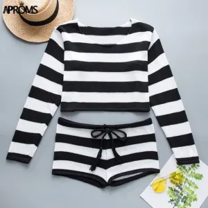 Aproms Summer Striped Cotton Knitted Beach Crop Top and Shorts Women 2 Pieces Set Casual High Waist Shorts Ladies Bikini Outfits
