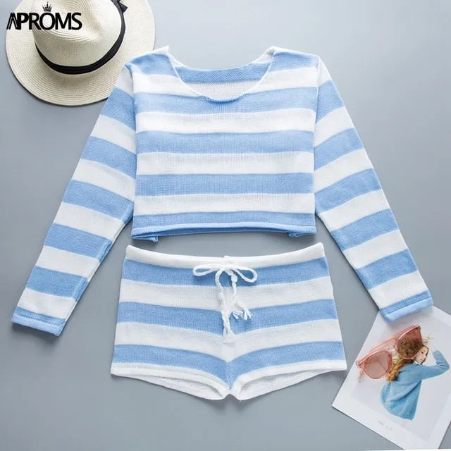 Aproms Summer Striped Cotton Knitted Beach Crop Top and Shorts Women 2 Pieces Set Casual High Waist Shorts Ladies Bikini Outfits