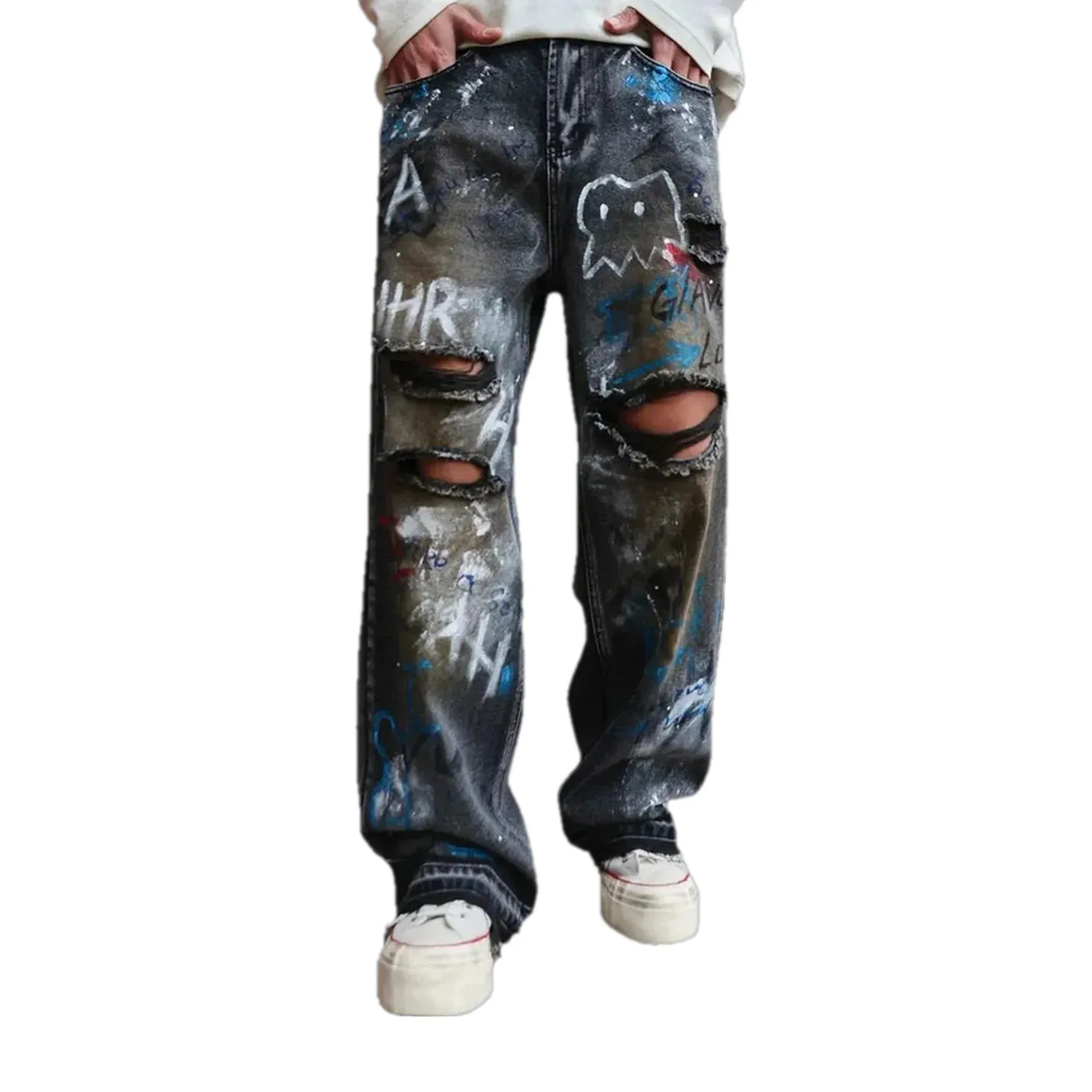 Artistic painted baggy men's jeans