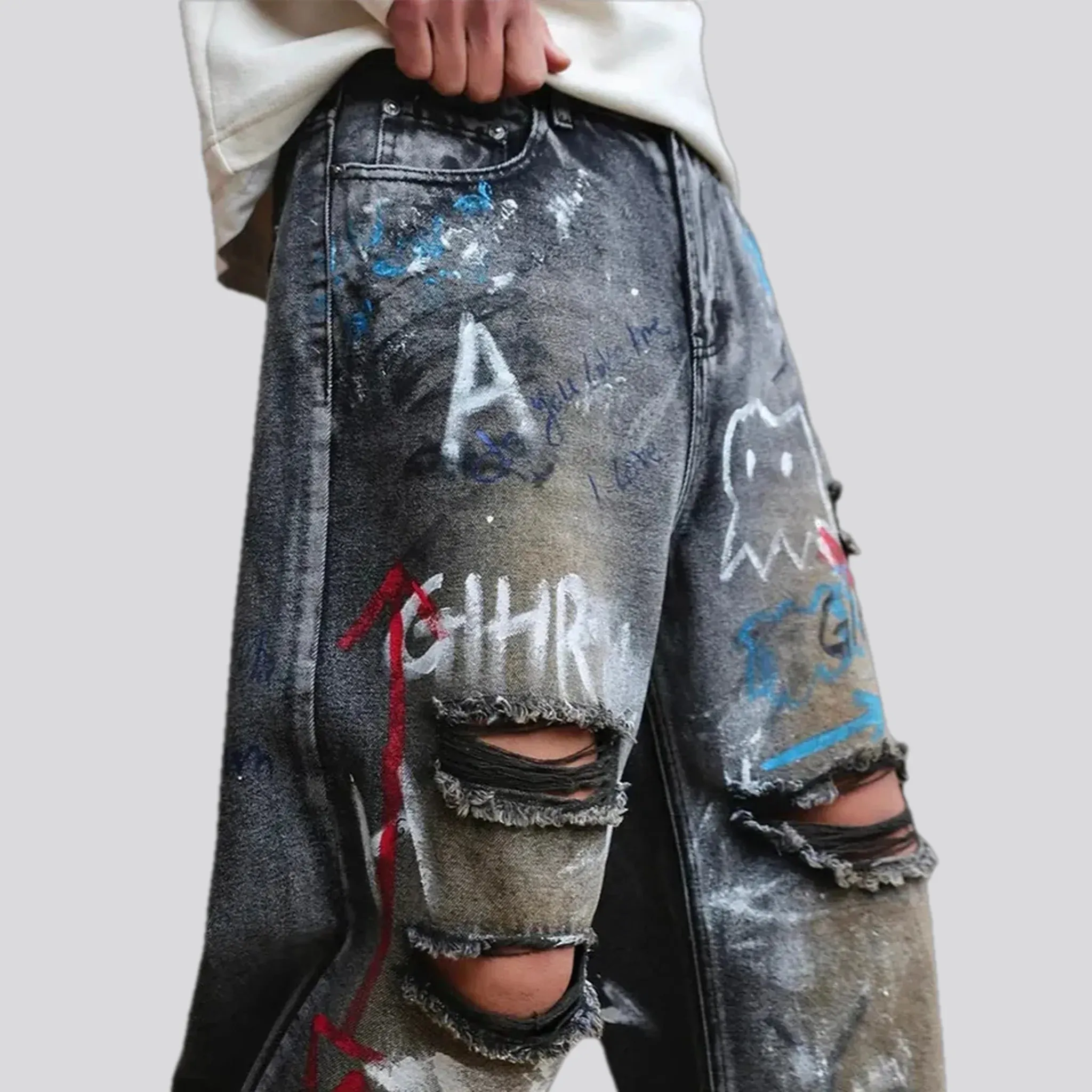 Artistic painted baggy men's jeans