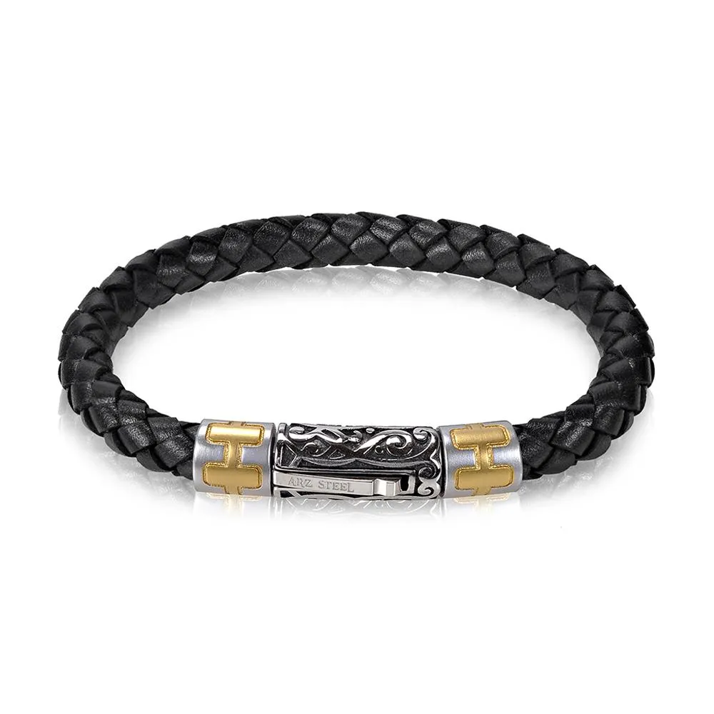 A.R.Z Men's 6mm Steel Black Leather 8.5  Bracelet