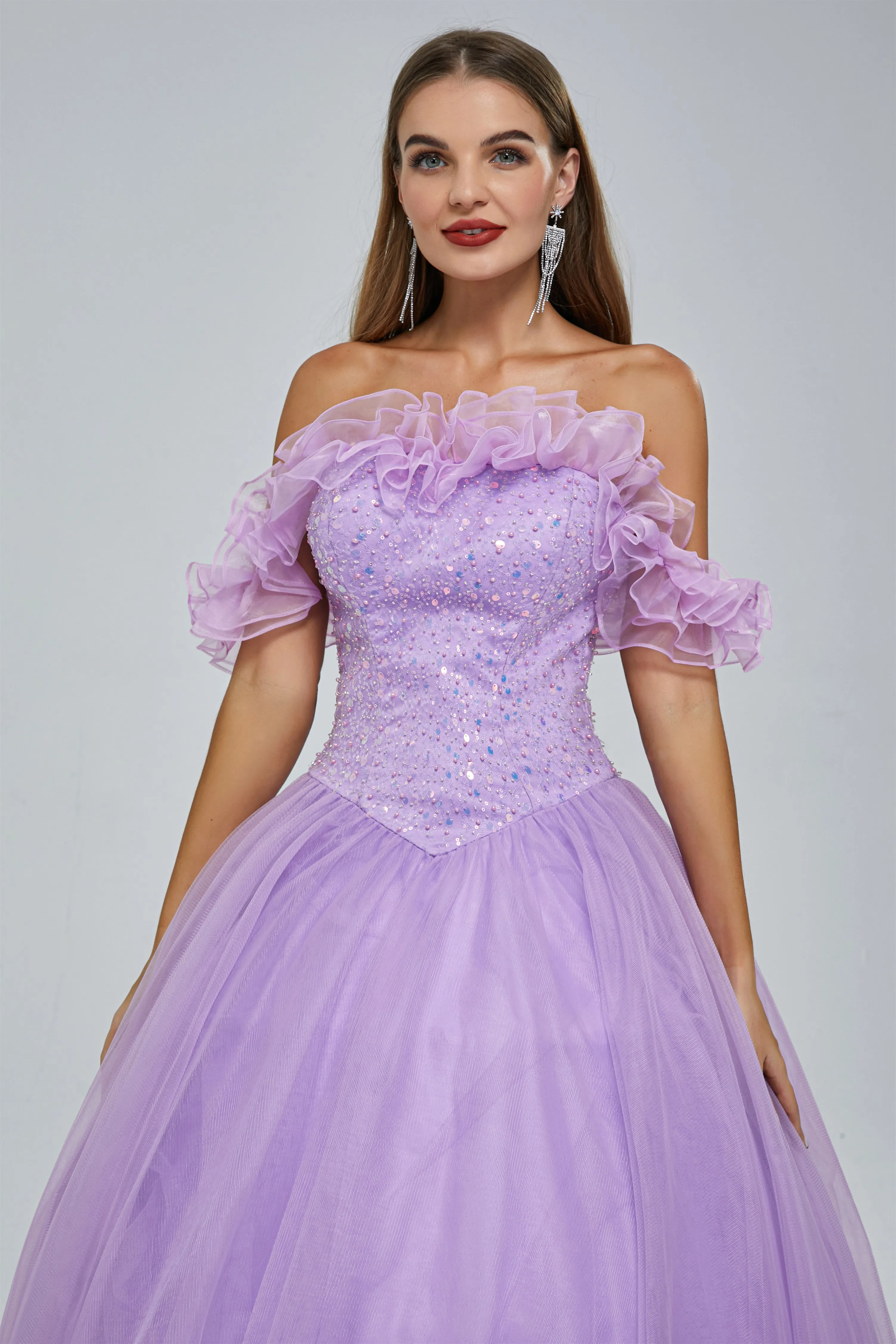 Ball Gown Strapless Tulle Sequined Beaded Floor-length Sleeveless Open Back Prom Dress