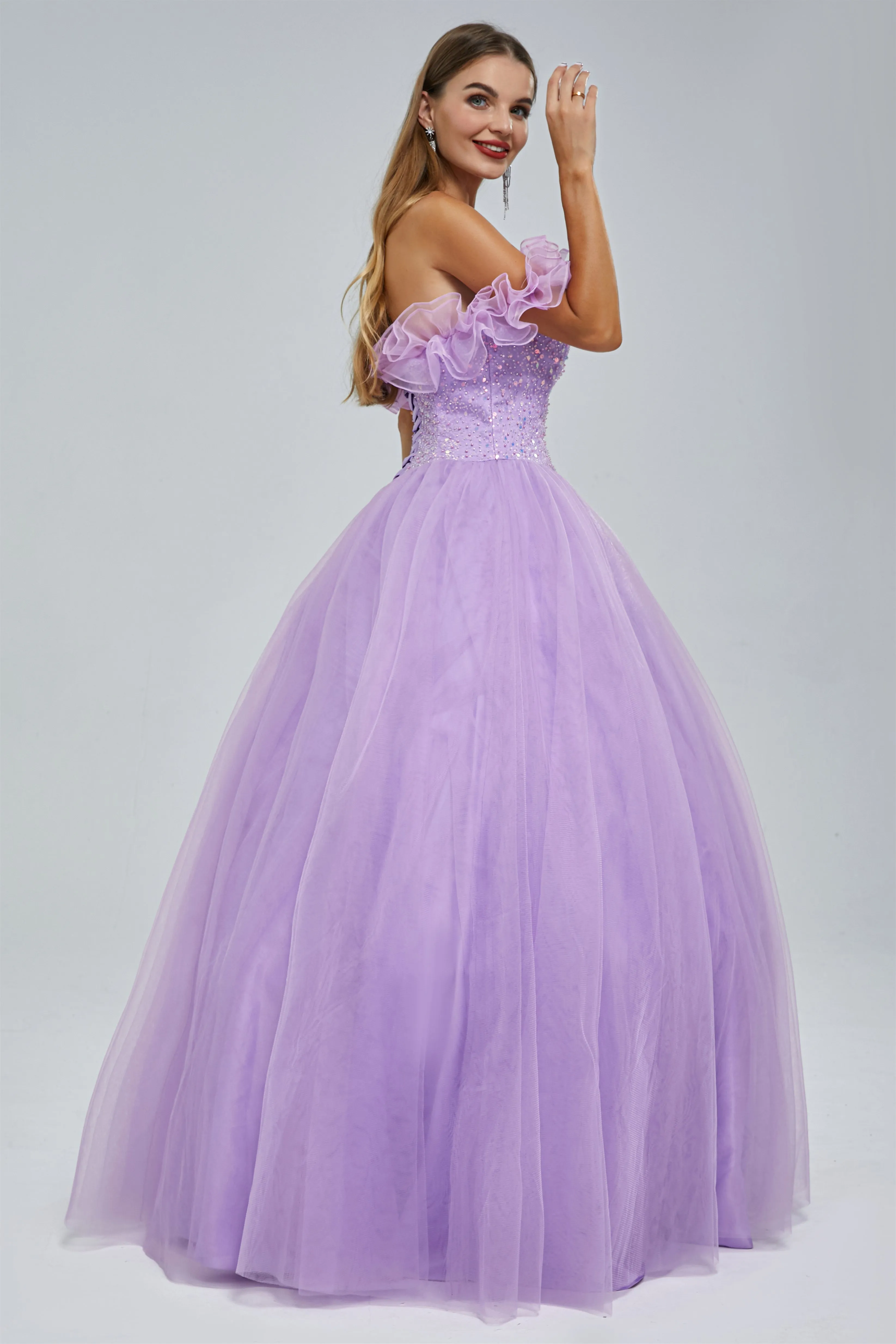 Ball Gown Strapless Tulle Sequined Beaded Floor-length Sleeveless Open Back Prom Dress