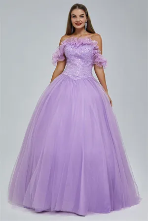 Ball Gown Strapless Tulle Sequined Beaded Floor-length Sleeveless Open Back Prom Dress
