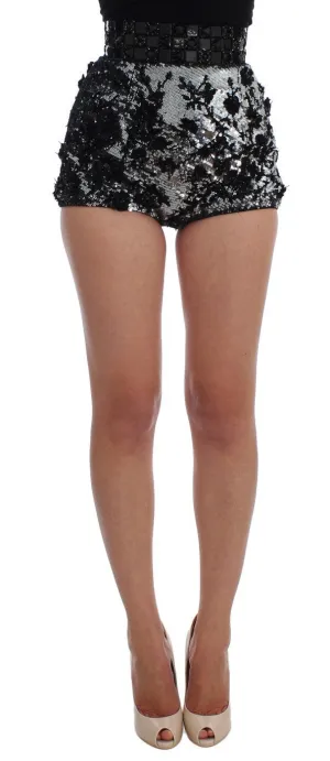 Black Silver Sequined Mini Shorts