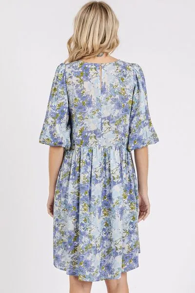 Blue Flower Print Linen Blend Babydoll Mini Dress