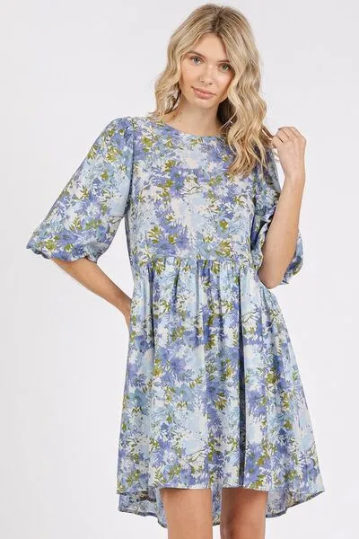 Blue Flower Print Linen Blend Babydoll Mini Dress