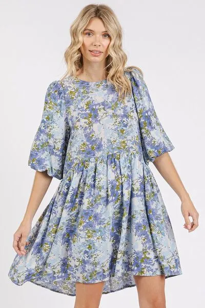 Blue Flower Print Linen Blend Babydoll Mini Dress