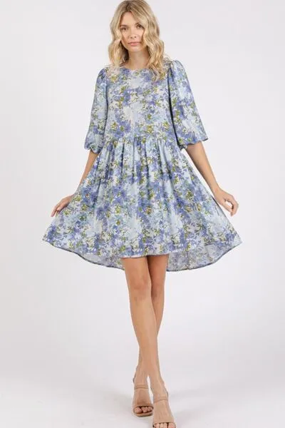 Blue Flower Print Linen Blend Babydoll Mini Dress