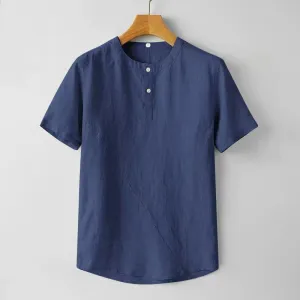 Buddha Stones Solid Color Short Sleeve Two Top Buttons Cotton Linen Men's Shirt