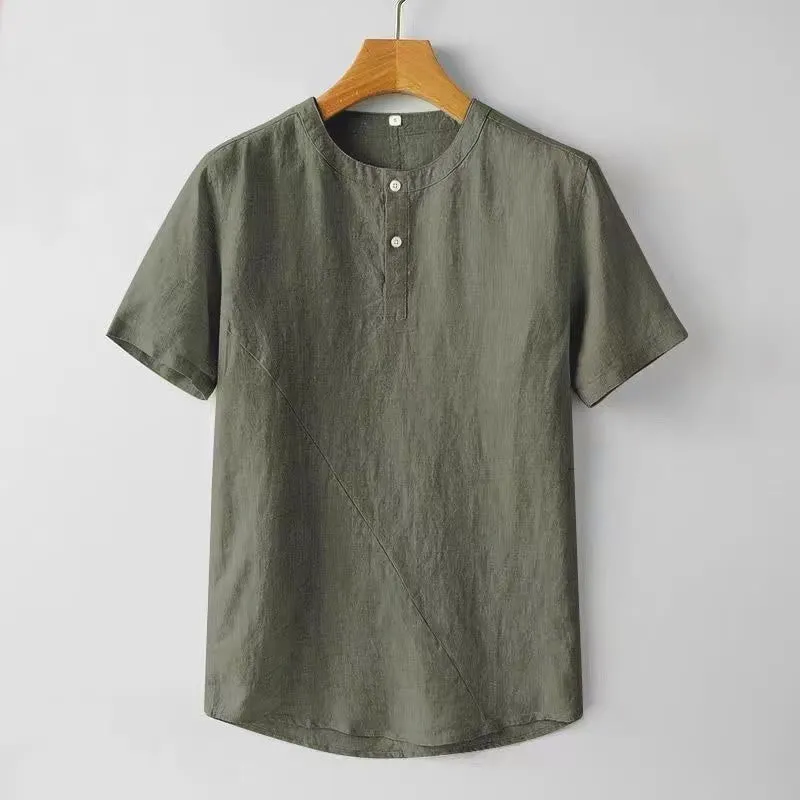 Buddha Stones Solid Color Short Sleeve Two Top Buttons Cotton Linen Men's Shirt
