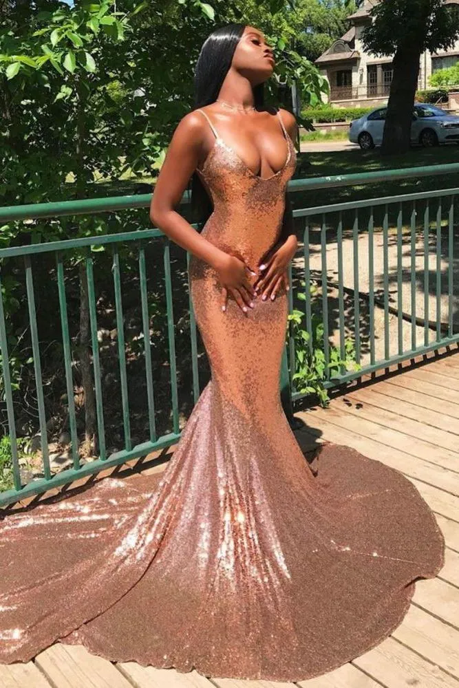 Chic Spaghetti Sequins Mermaid Prom Party GownsCharming V-Neck evening Wear