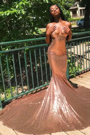 Chic Spaghetti Sequins Mermaid Prom Party GownsCharming V-Neck evening Wear
