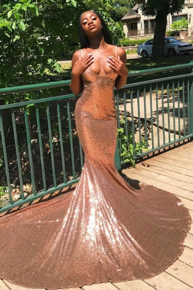 Chic Spaghetti Sequins Mermaid Prom Party GownsCharming V-Neck evening Wear
