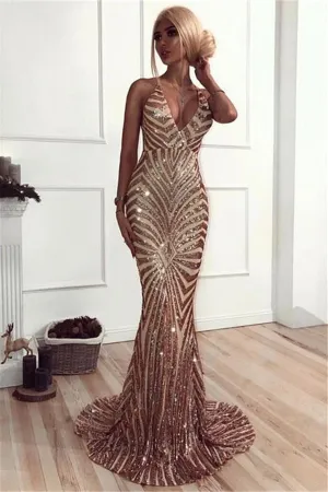 Chic V-Neck Mermaid Prom Party Gowns| Sequins Long Evening Dress