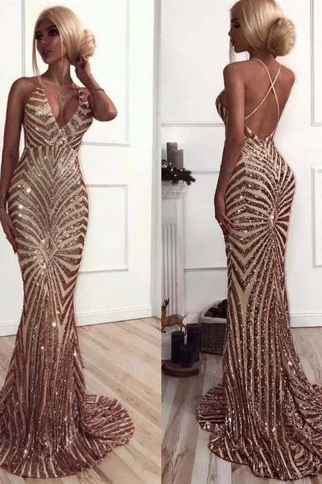 Chic V-Neck Mermaid Prom Party Gowns| Sequins Long Evening Dress