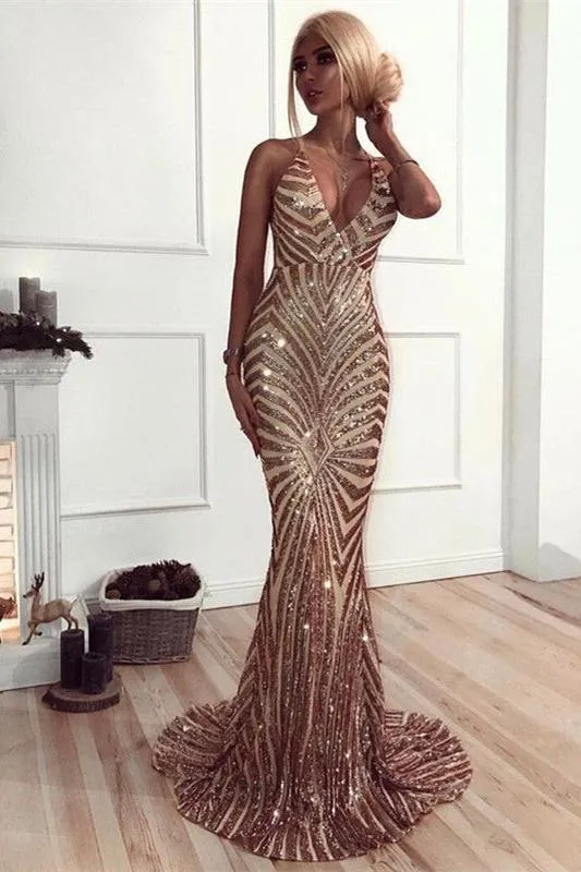 Chic V-Neck Mermaid Prom Party Gowns| Sequins Long Evening Dress
