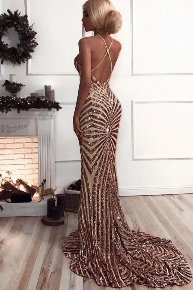 Chic V-Neck Mermaid Prom Party Gowns| Sequins Long Evening Dress