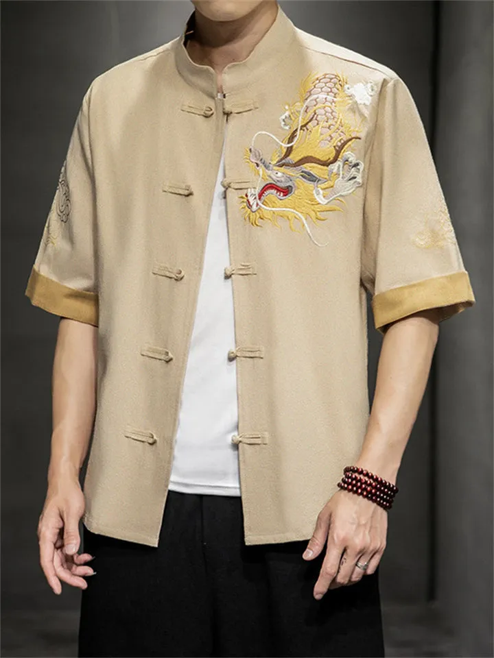 Chinese Style Hanfu Men's Golden Dragon Embroidery Knot Button Shirt